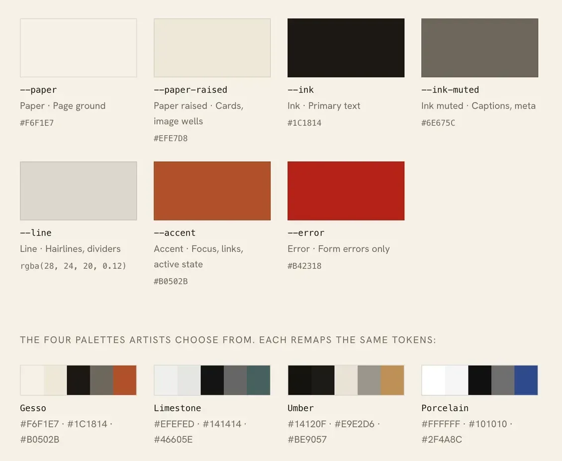 The colour section of the Saora design system in the light Gesso palette: seven token swatches with their names, roles and values, and the four palettes artists choose from