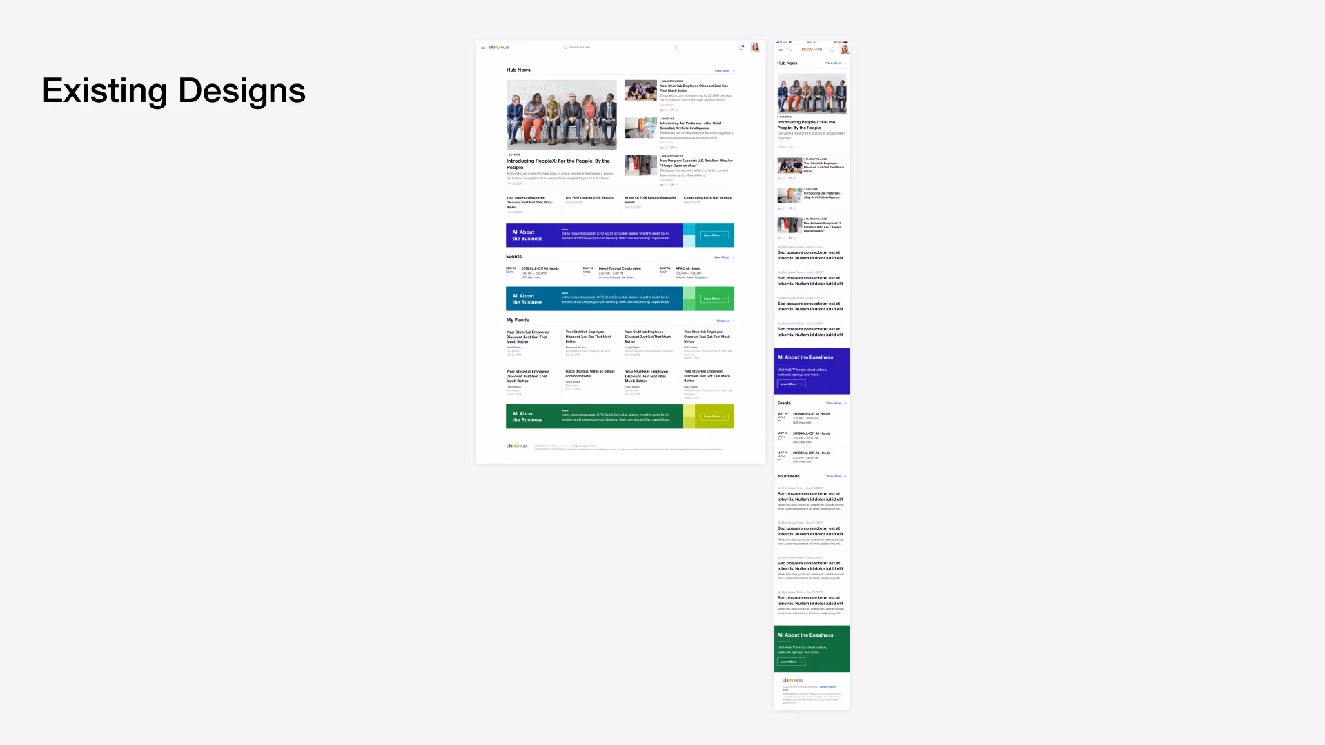 Slide showing the existing Hub homepage designs before the redesign