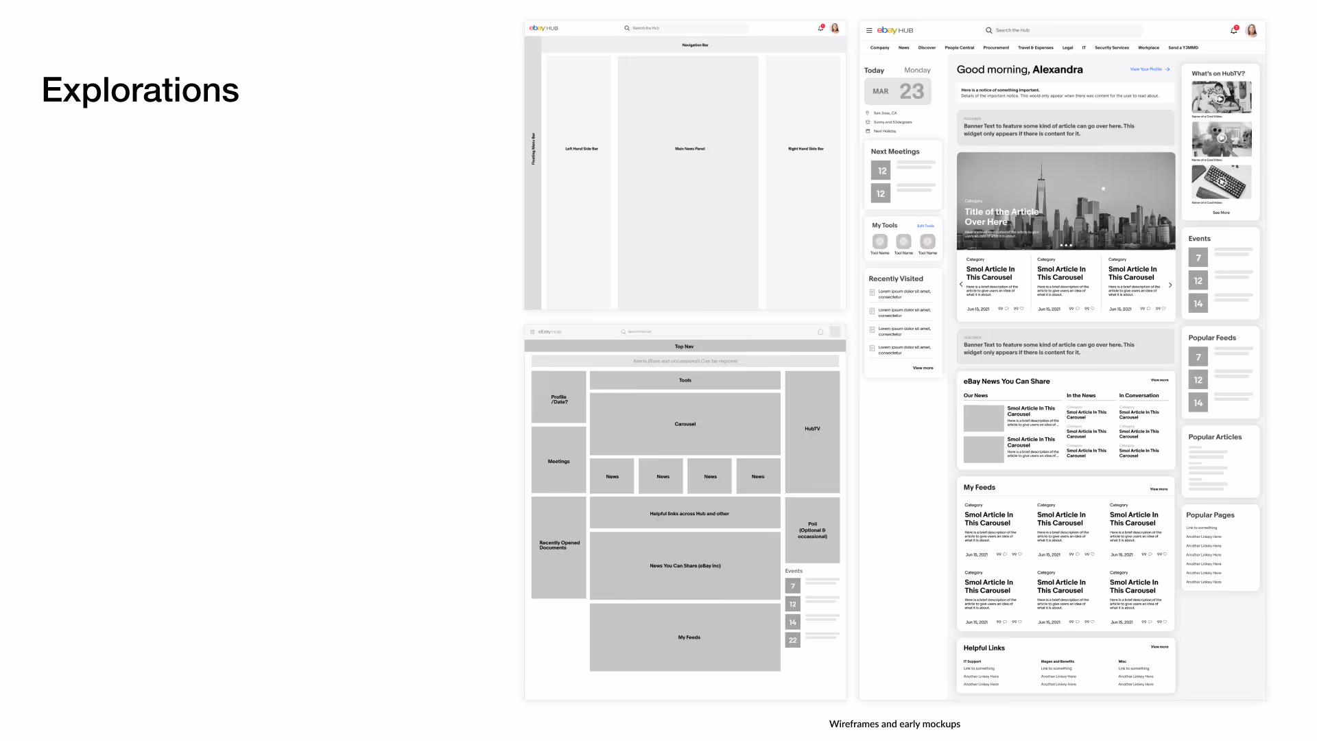 Wireframe explorations for the new homepage layout