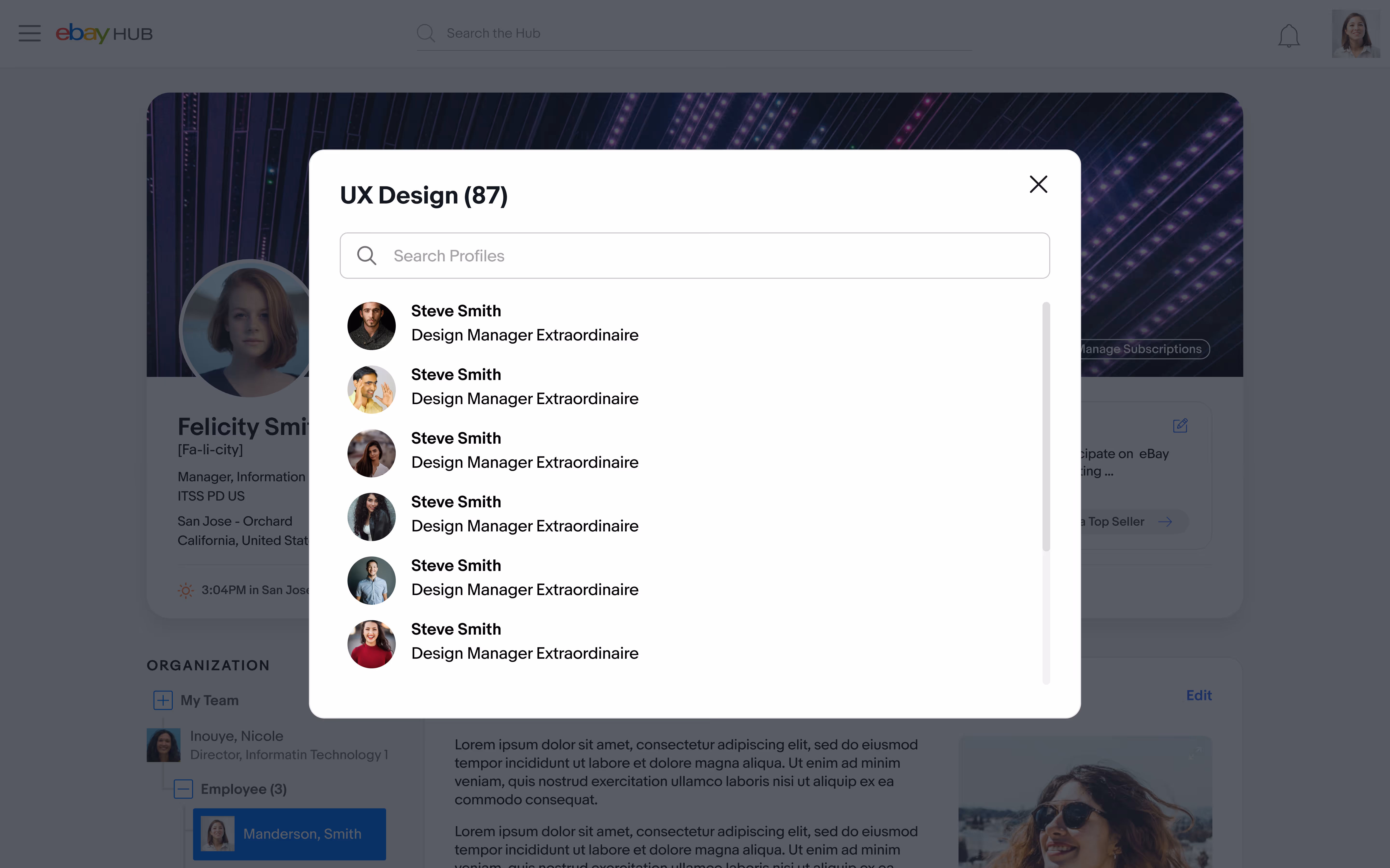 A keyword overlay on the profile listing everyone tagged with UX Design
