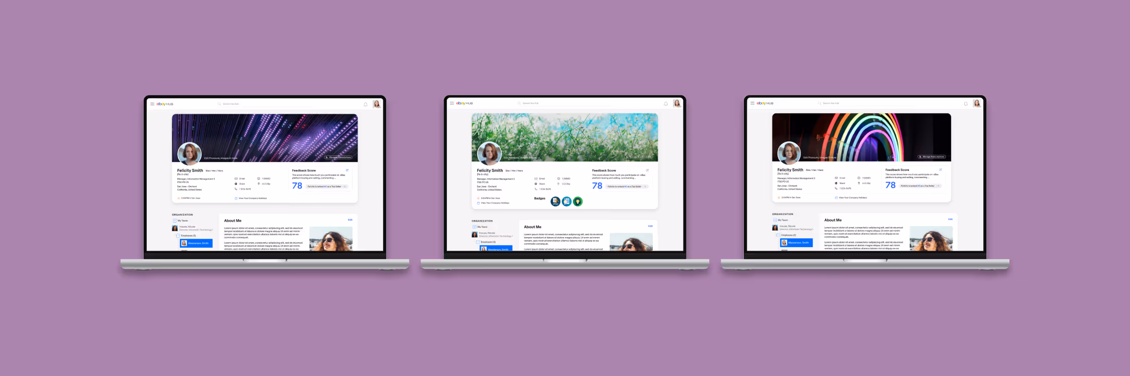 Employee profile shown across three laptops