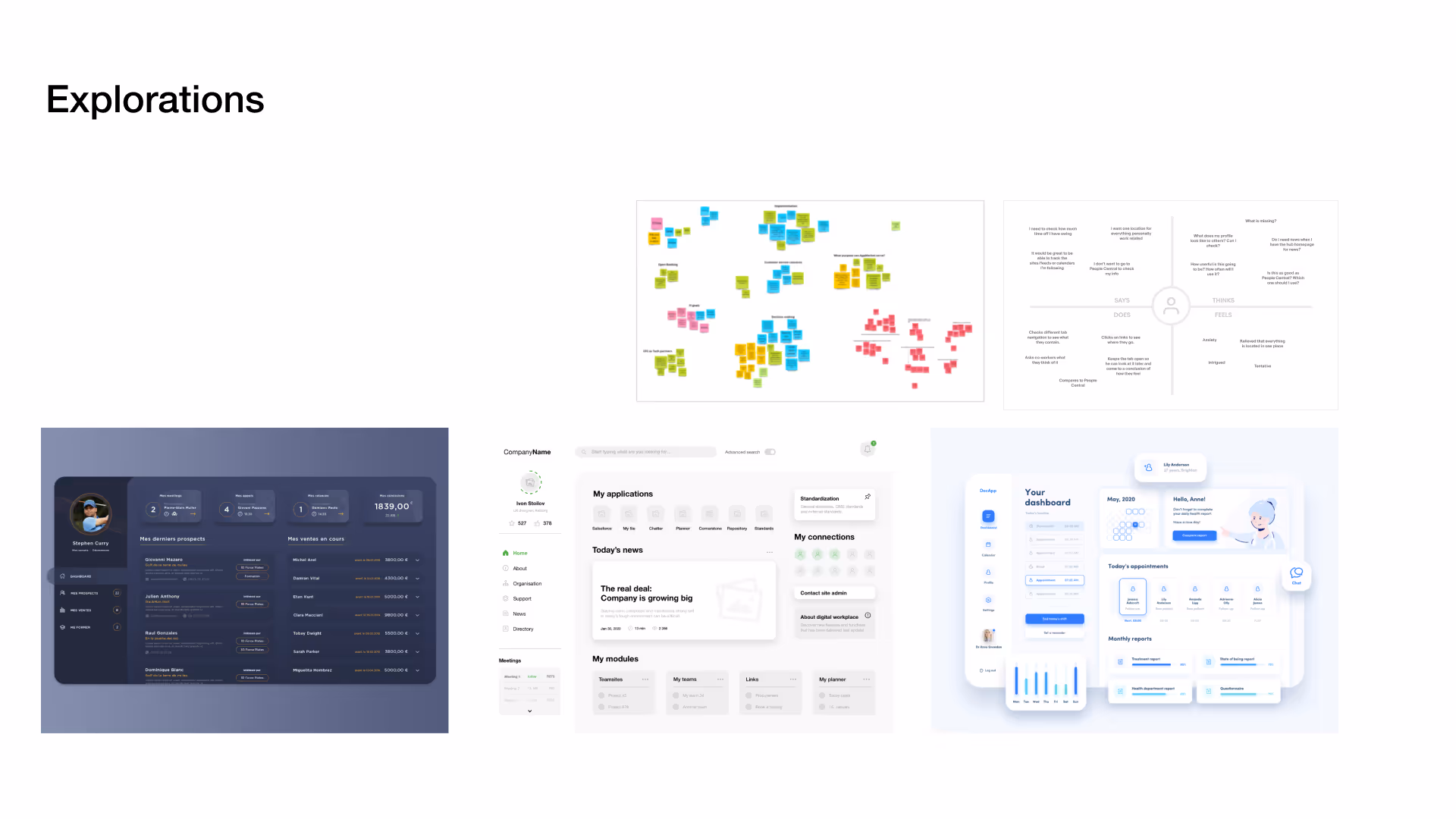 Affinity mapping, wireframes and early visual explorations side by side