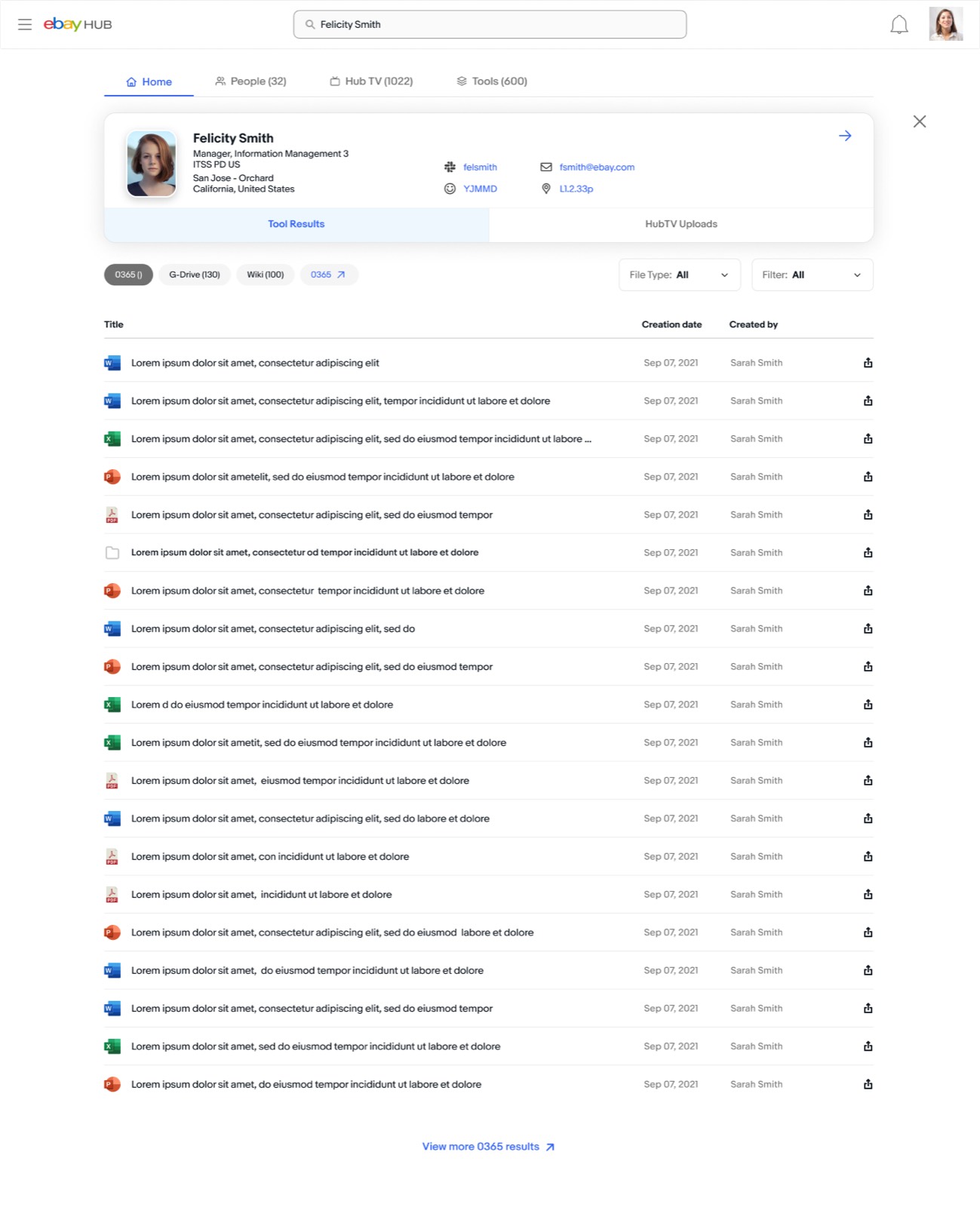 Search results in a list view across content types