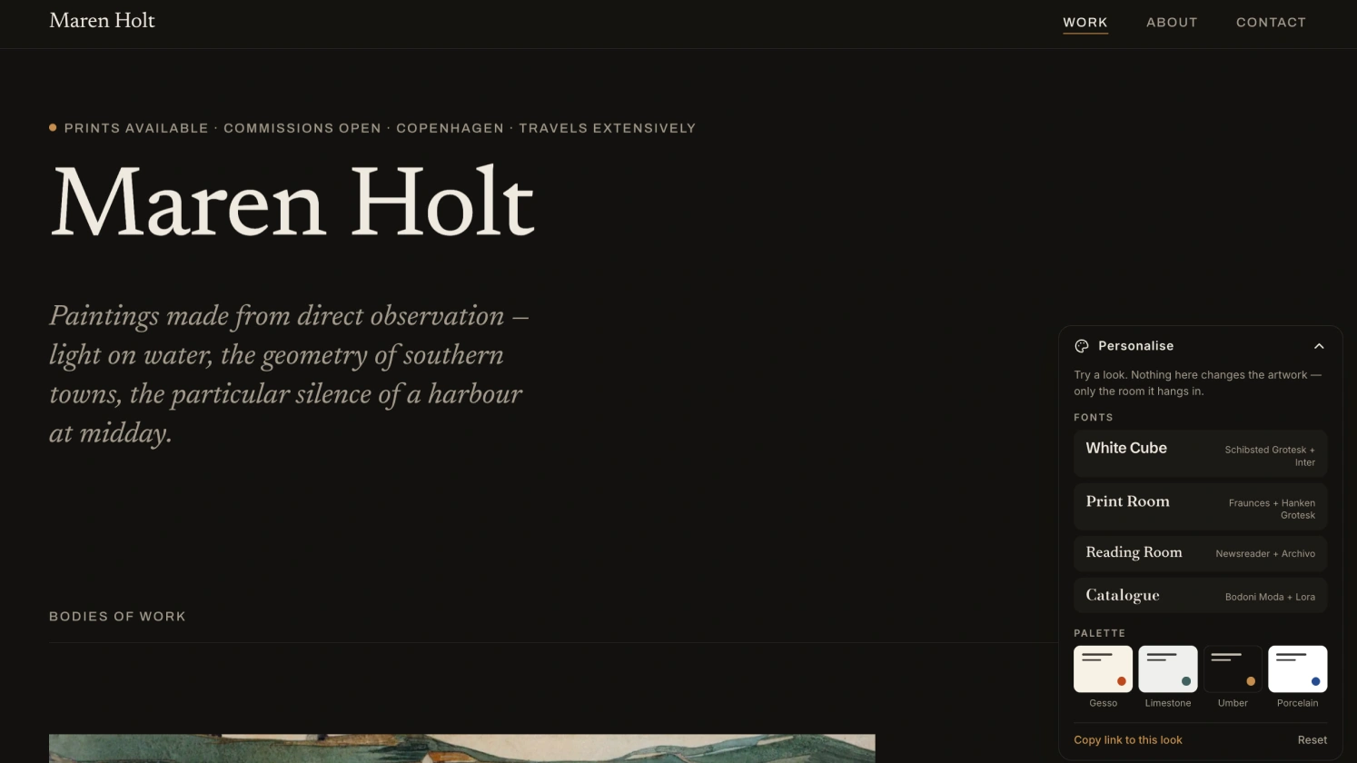 The live style editor on a template demo: curated font pairings and colour palettes in a floating panel
