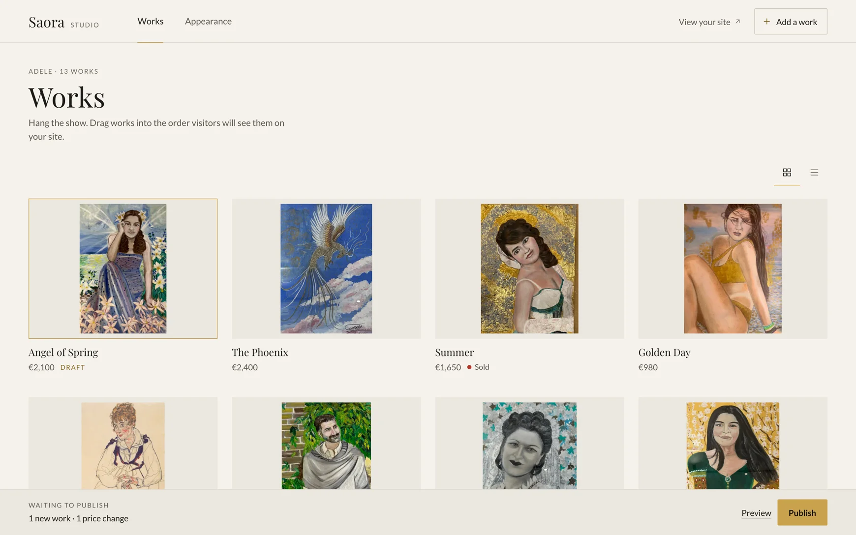 Saora Studio's Works screen on desktop: a grid of paintings with titles and prices, one framed in gold as a draft, one marked sold with a red dot, and a bar at the bottom reading Waiting to publish, 1 new work, 1 price change