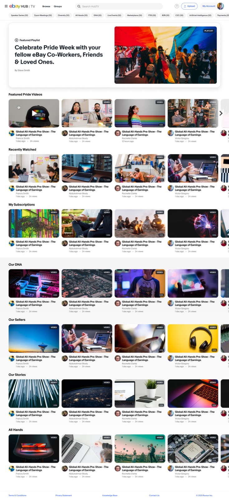 Full-length screenshot of the redesigned video platform homepage
