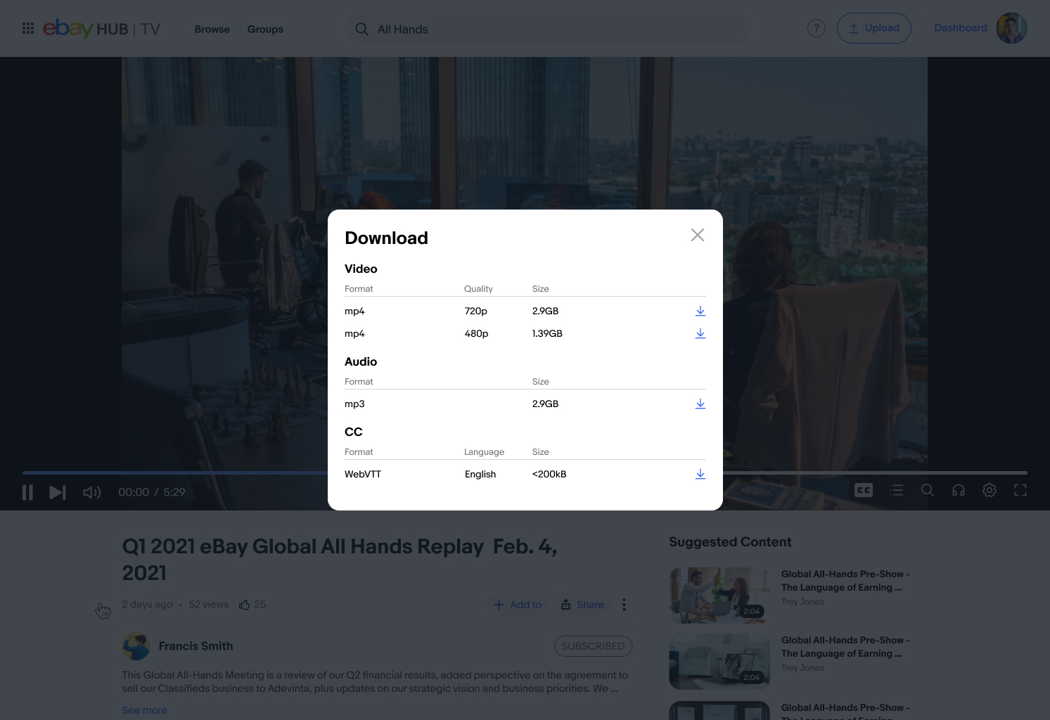 Download options modal over the video player